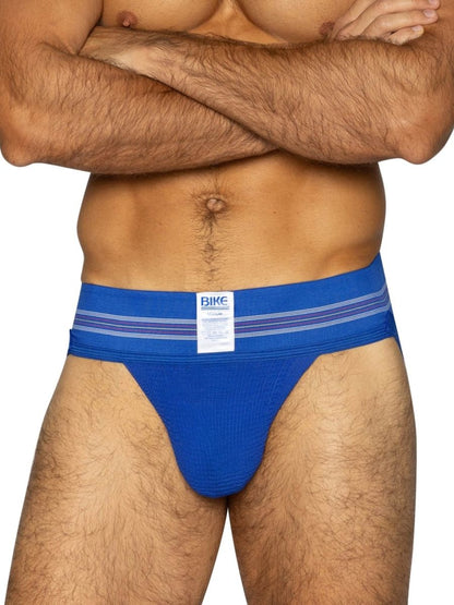 Blue bike brand royal athletic jockstrap with striped waistband for support and comfort in active use