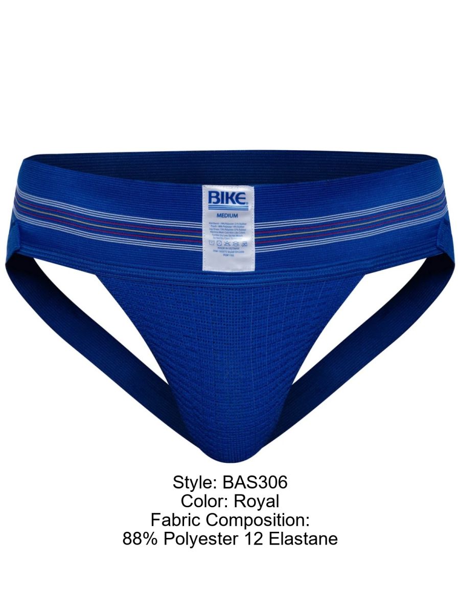 Royal blue bike athletic briefs with textured fabric and two white stripes on waistband featuring bike label