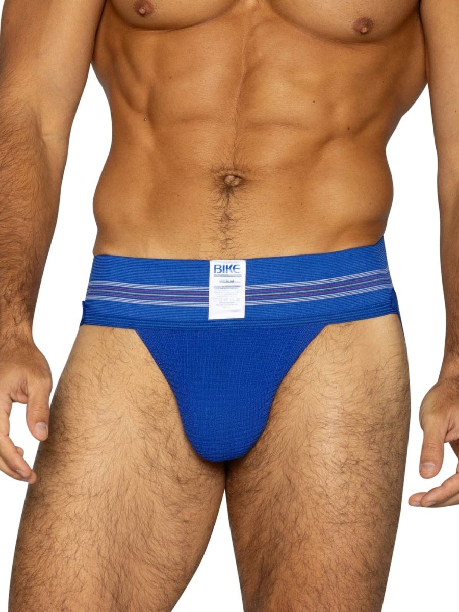Blue bike brand royal athletic bas306 original number 10 jockstrap with ribbed texture and white waistband stripes
