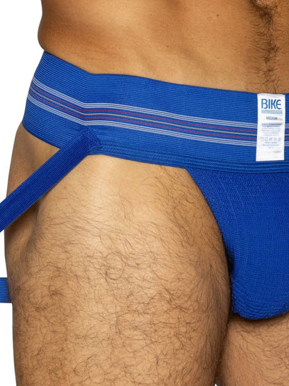 Blue athletic brief with striped waistband and white label from bike original number 10 jockstrap in royal color
