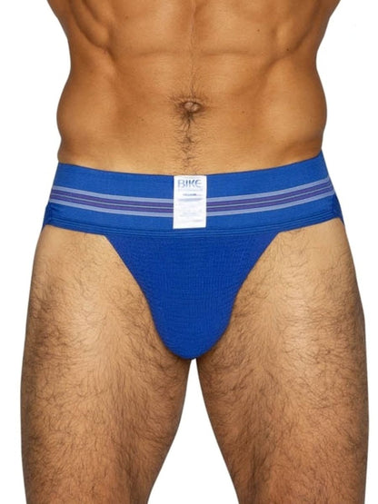 Blue bhc bike athletic bas306 original number 10 jockstrap in royal color with textured fabric and purple waistband stripes