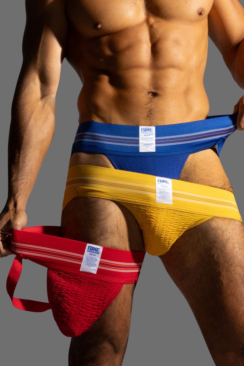 Bike athletic bas306 original number 10 jockstrap in royal with blue yellow red briefs and striped textured waistband