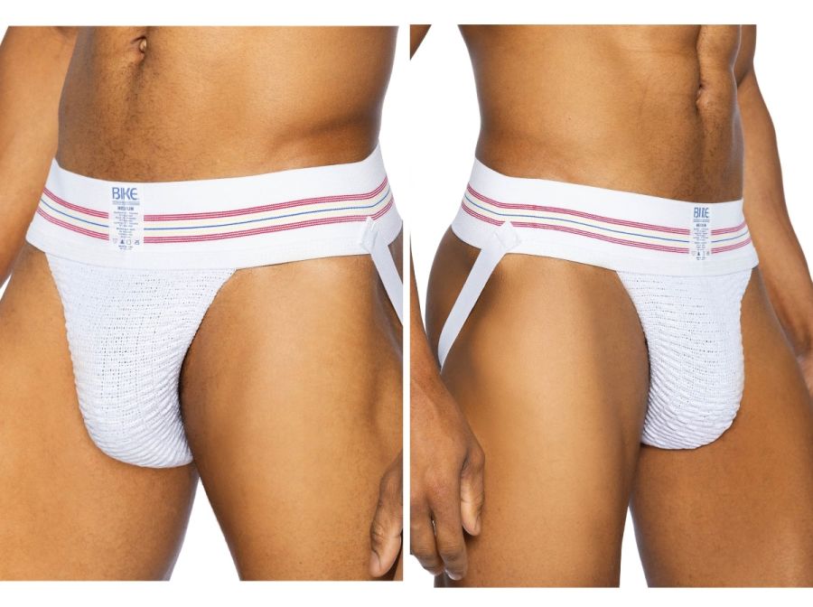 White bike athletic bas306 original number 10 jockstrap briefs with textured fabric and pink striped waistband