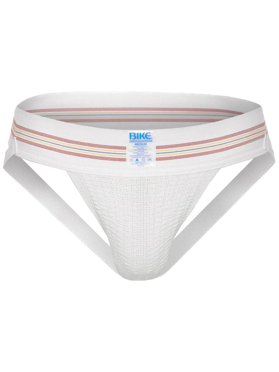 White mesh athletic supporter with a striped red blue beige waistband from bike original number 10 jockstrap