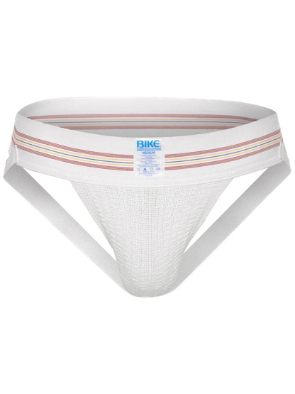 White mesh athletic supporter with a striped red blue beige waistband from bike original number 10 jockstrap