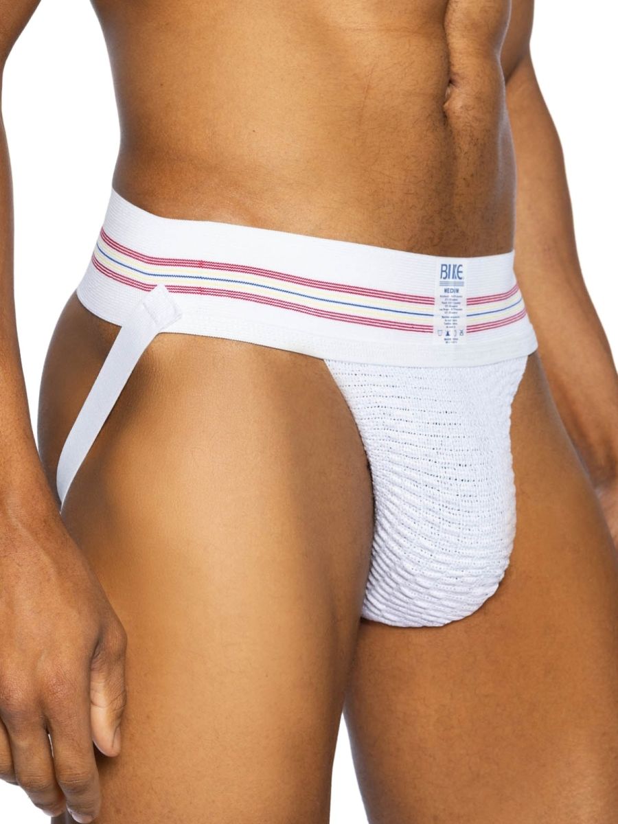 White bike athletic briefs with red and blue striped waistband and textured fabric design in original number 10 style