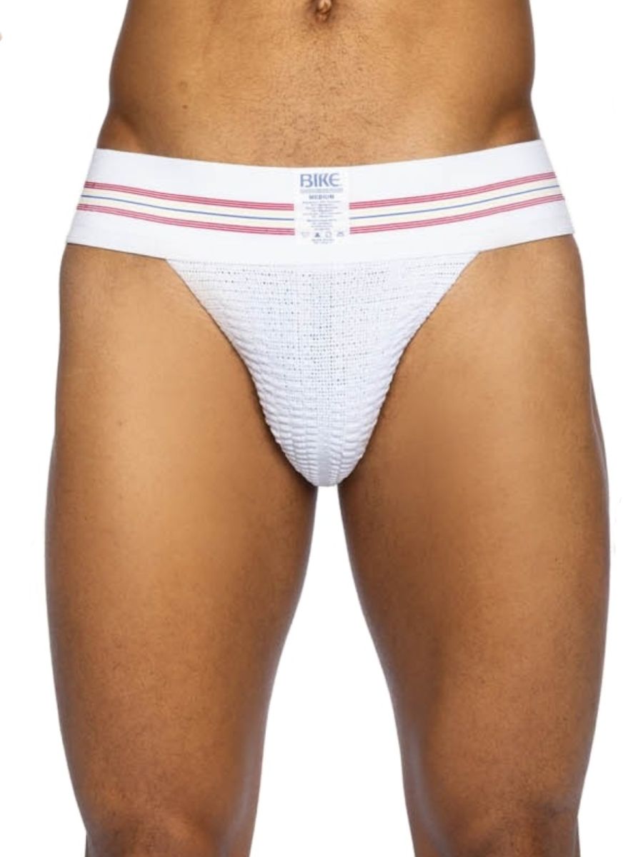 White bike athletic briefs with textured knitted fabric and three thin pink stripes on waistband in original number 10 style