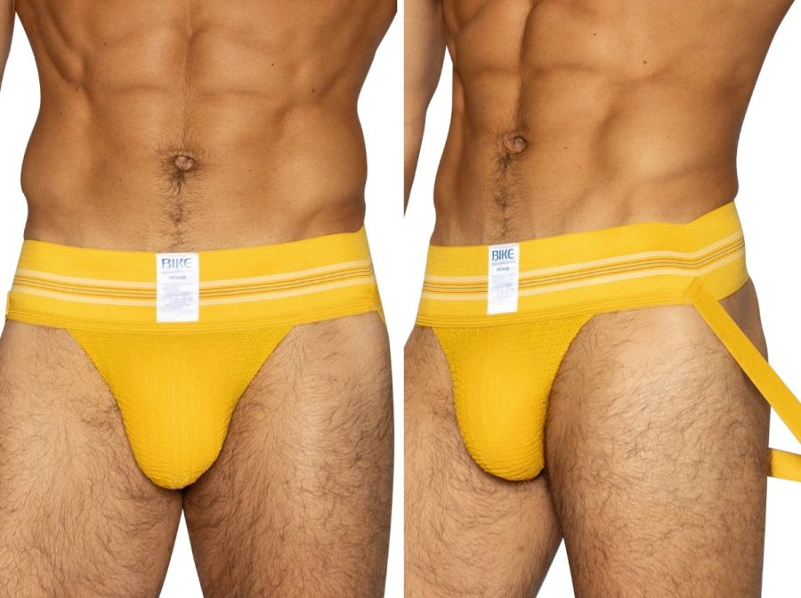 Bright yellow BIKE Athletic BAS306 jockstrap briefs with white stripes and branded tag for athletic use