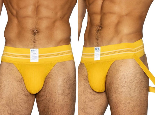 Bright yellow BIKE Athletic BAS306 jockstrap briefs with white stripes and branded tag for athletic use
