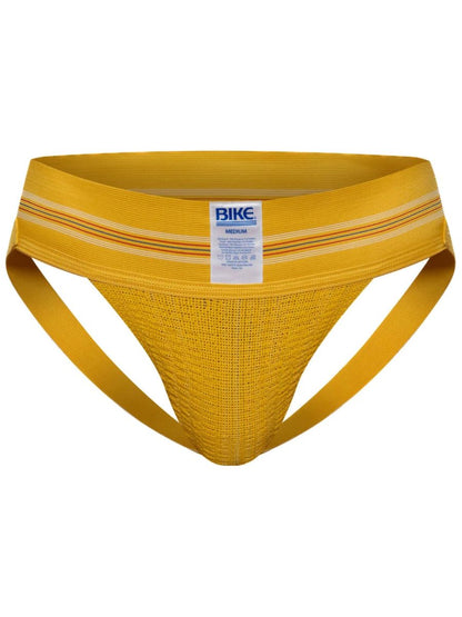 Yellow mesh athletic briefs with ribbed waistband featuring thin orange and white stripes from bike original number 10