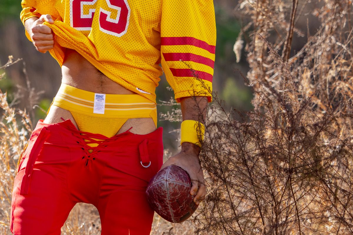 Yellow mesh football jersey with red and white number 23 on chest in bike athletic bas306 original number 10 yellow jockstrap color yellow