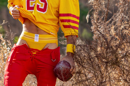 Yellow mesh football jersey with red and white number 23 on chest in bike athletic bas306 original number 10 yellow jockstrap color yellow