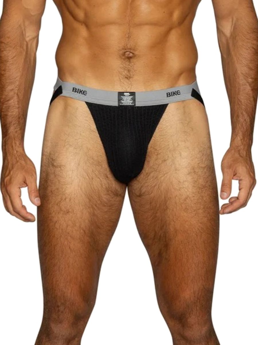 Black BIKE athletic jockstrap with grey waistband for men.