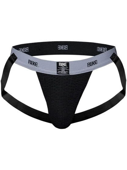 Black BIKE athletic jockstrap with a grey waistband and black leg straps.