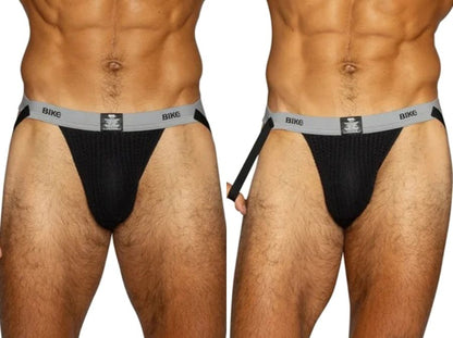 Black BIKE athletic jockstrap for men, showing front and side views with elastic waistband.