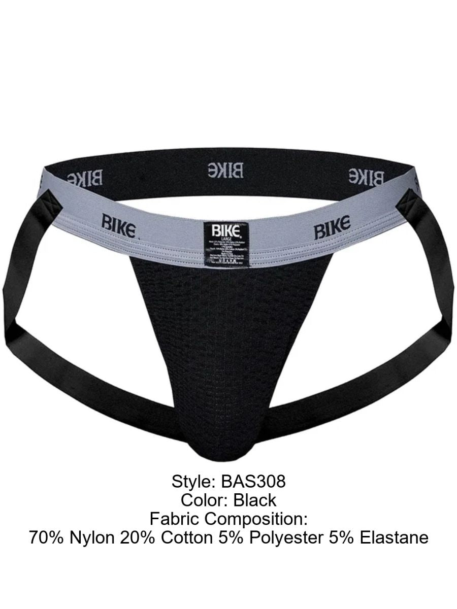 Black BIKE athletic jockstrap with grey waistband and black straps.