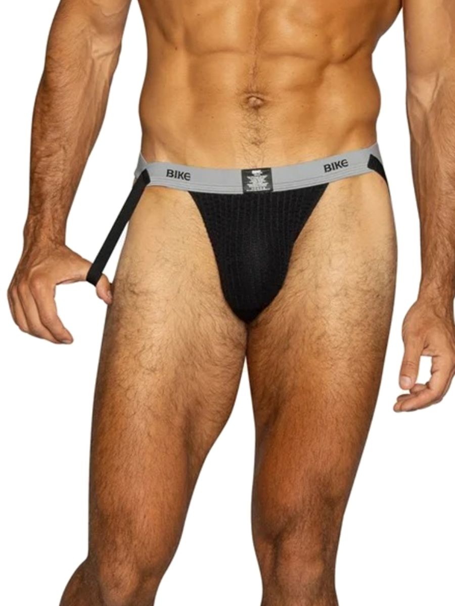 BIKE black athletic jockstrap with grey waistband and leg straps.