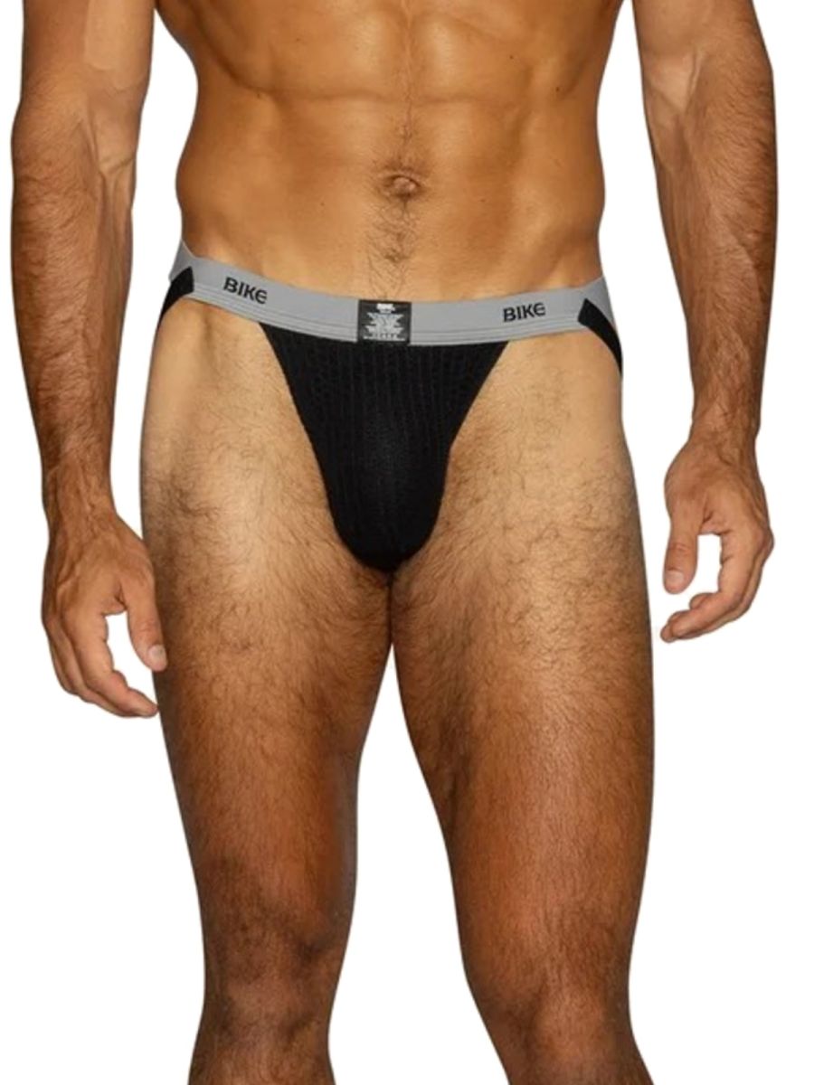 BIKE black athletic jockstrap with gray waistband for men.