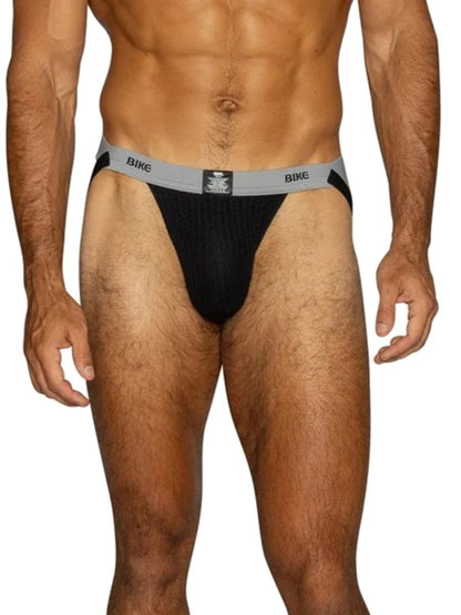BIKE black athletic jockstrap with gray waistband for men.
