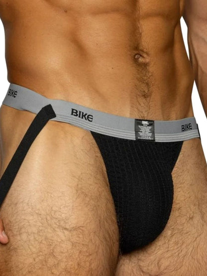 Black BIKE athletic jockstrap with a grey waistband and ribbed pouch.