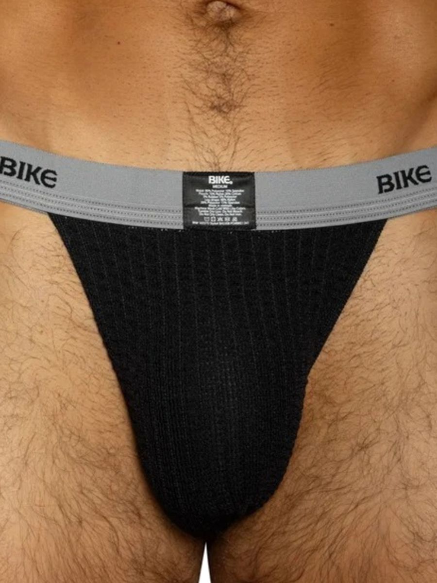 Black BIKE athletic jockstrap with grey waistband and ribbed pouch.