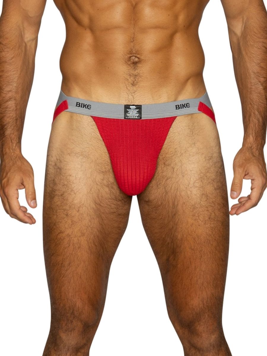 Red BIKE athletic jockstrap with grey waistband and ribbed pouch.