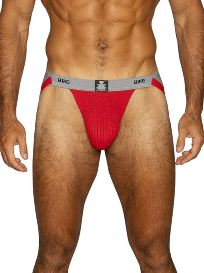 Red BIKE athletic jockstrap with grey waistband and ribbed pouch.