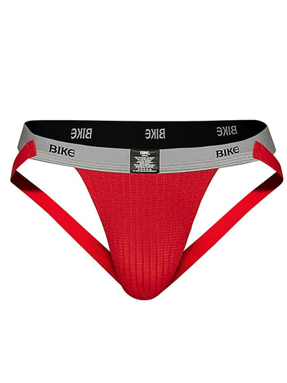 Red BIKE athletic jockstrap with grey and black waistband.