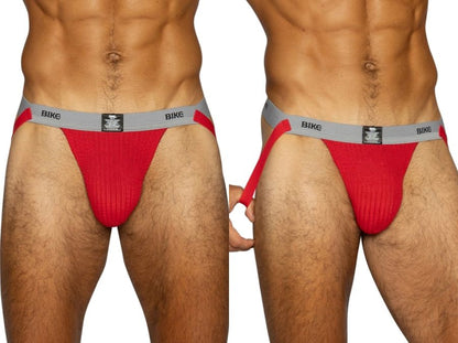 Red BIKE athletic jockstrap for men, showing front pouch and side straps.