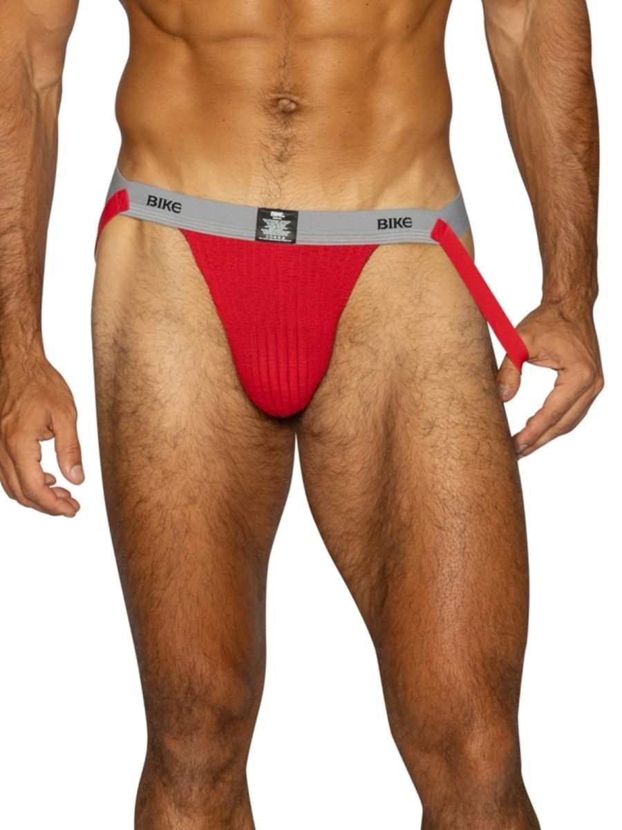 Red BIKE athletic jockstrap with gray waistband and straps.