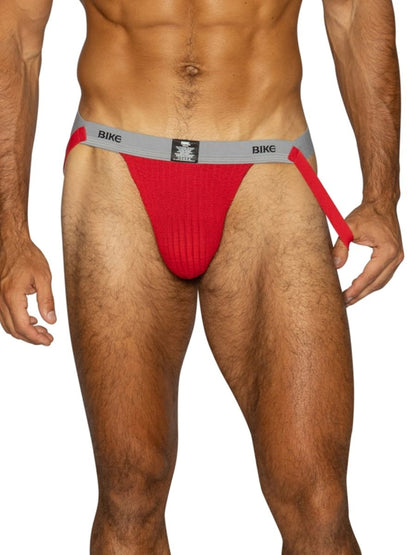 Red BIKE athletic jockstrap with gray waistband and straps.
