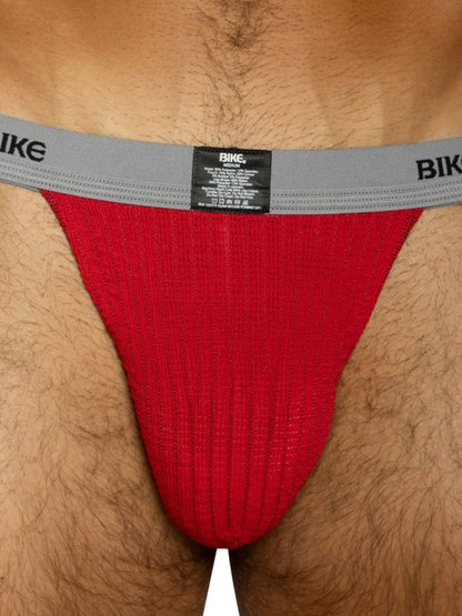 Red ribbed BIKE athletic jockstrap underwear for men.