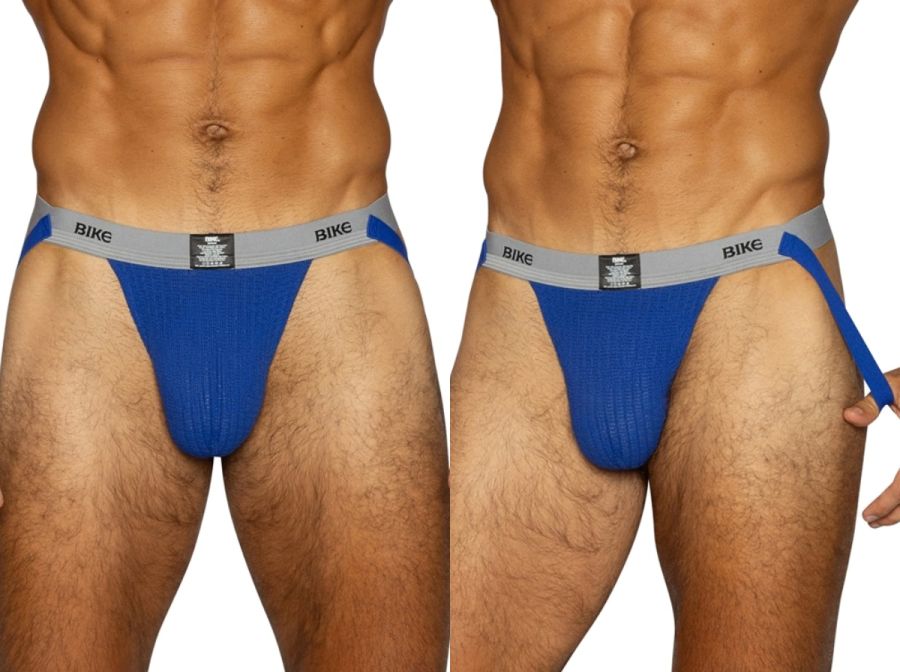 BIKE Royal blue men's athletic jockstrap with grey waistband and blue straps.