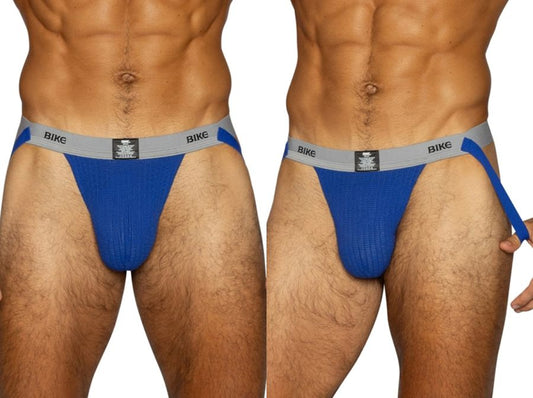 BIKE Royal blue men's athletic jockstrap with grey waistband and blue straps.