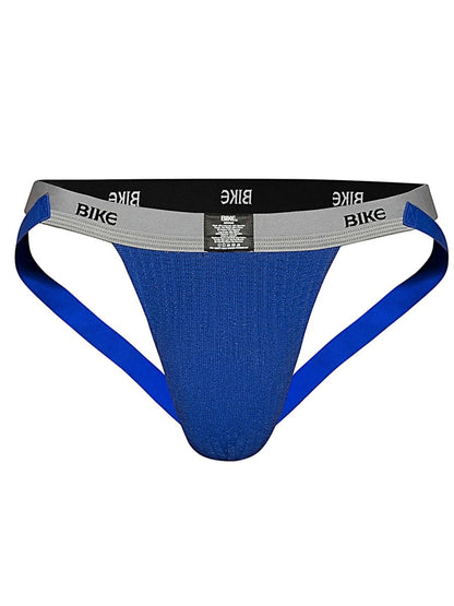 Royal blue BIKE men's athletic jockstrap with gray and black waistband.