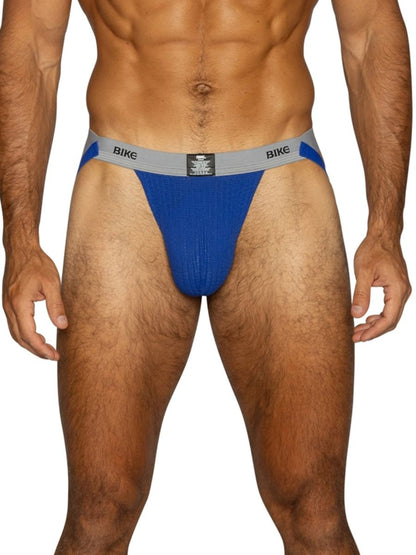 Royal blue BIKE athletic jockstrap with grey waistband and blue straps.