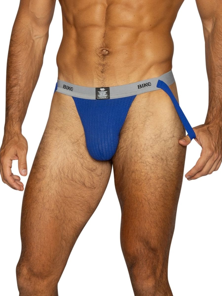Royal blue BIKE athletic jockstrap with grey waistband and strap.