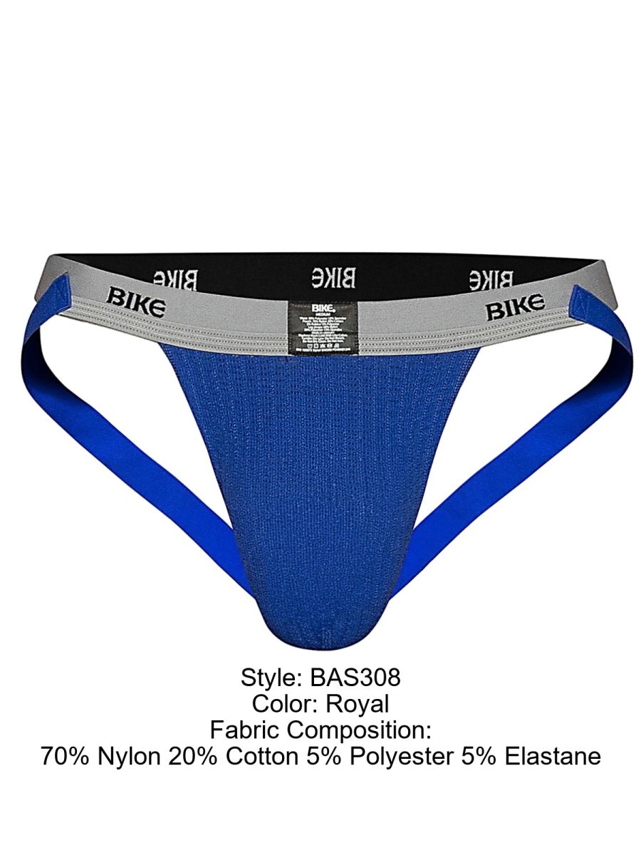 Royal blue BIKE athletic jockstrap with grey and black waistband, 70% nylon blend.
