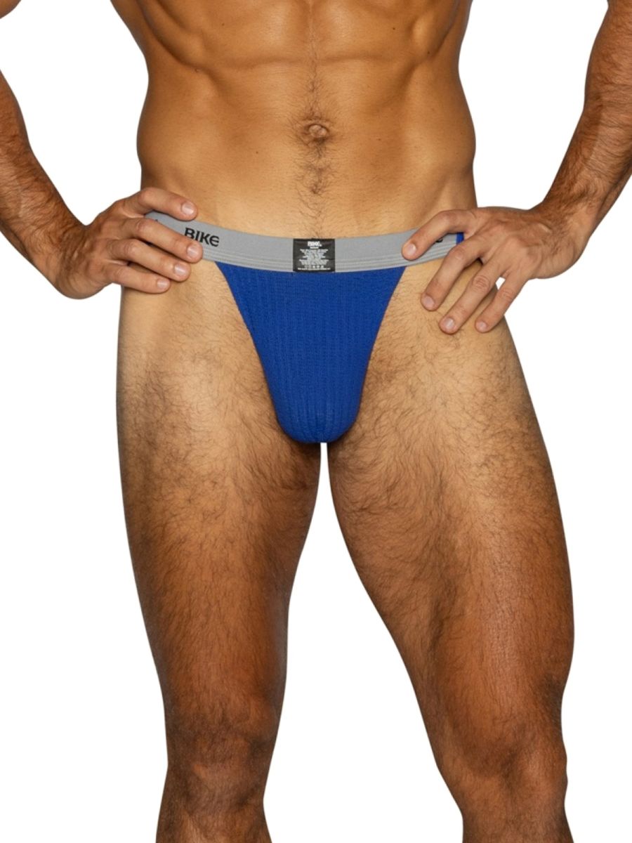 BIKE royal blue athletic jockstrap for men with grey waistband.