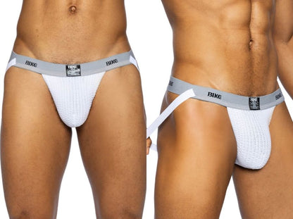 White BIKE athletic jockstrap with grey waistband and white leg straps.