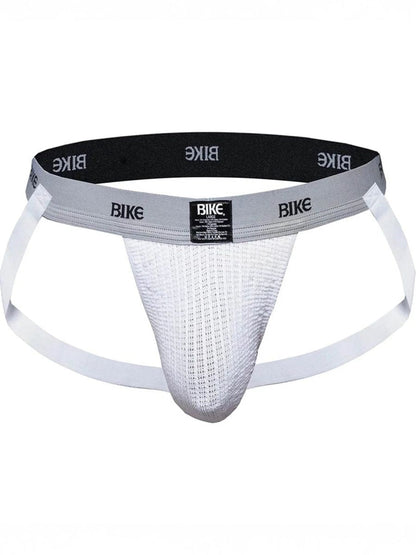 White BIKE men's athletic jockstrap with a mesh pouch and elastic waistband.