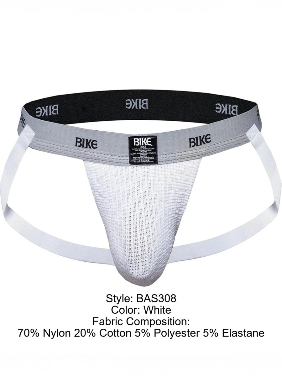 White BIKE athletic jockstrap with a textured pouch and grey waistband.