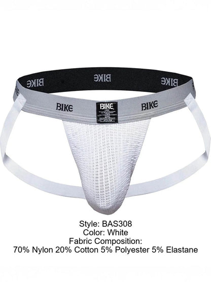 White BIKE athletic jockstrap with a textured pouch and grey waistband.