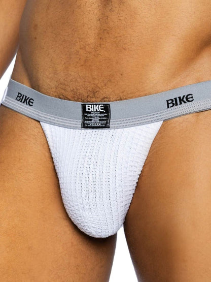 White BIKE athletic jockstrap with textured front pouch and grey waistband.
