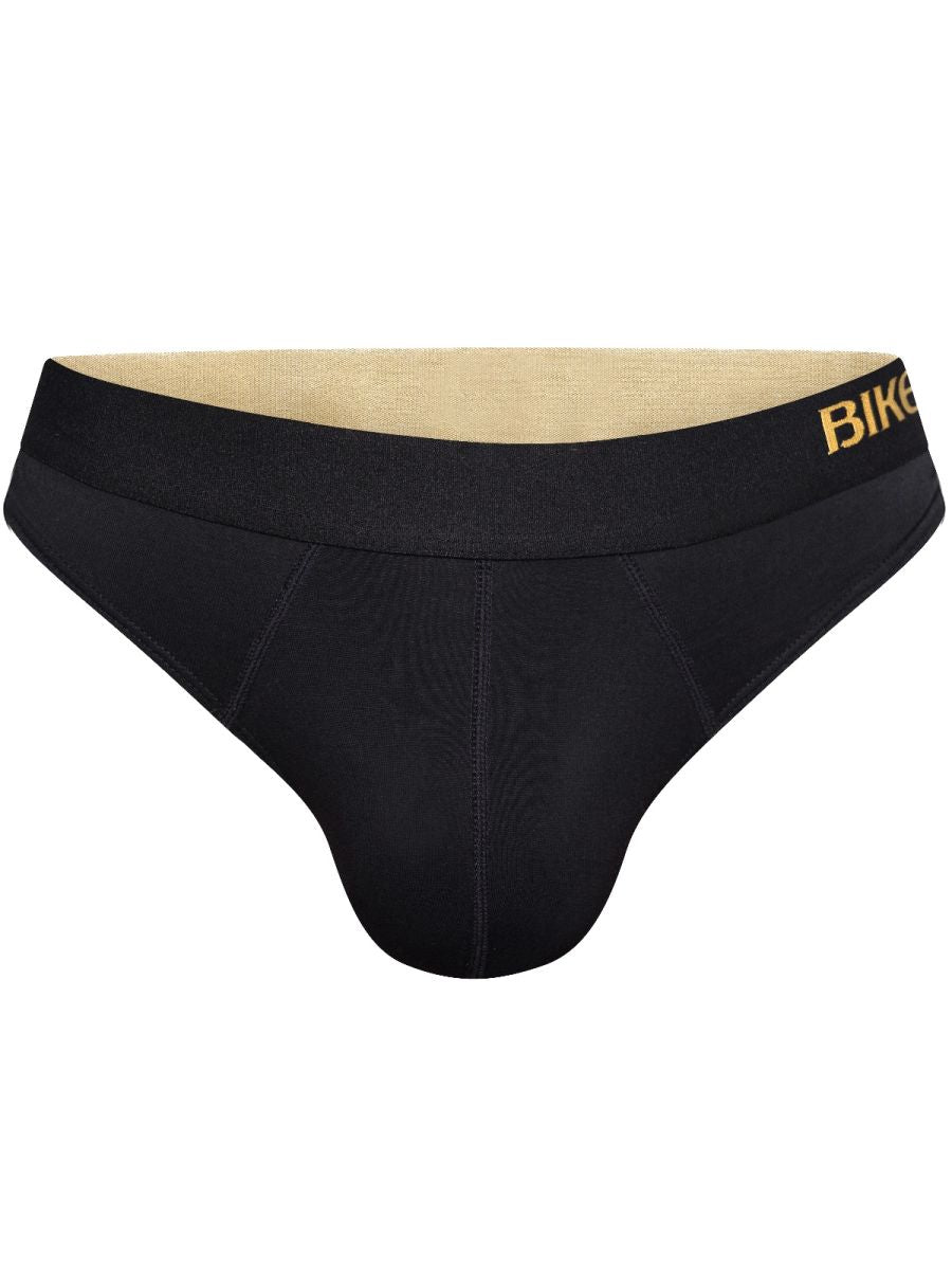 Black bike athletic BAS319 active thong with gold bike logo waistband and beige interior lining for men