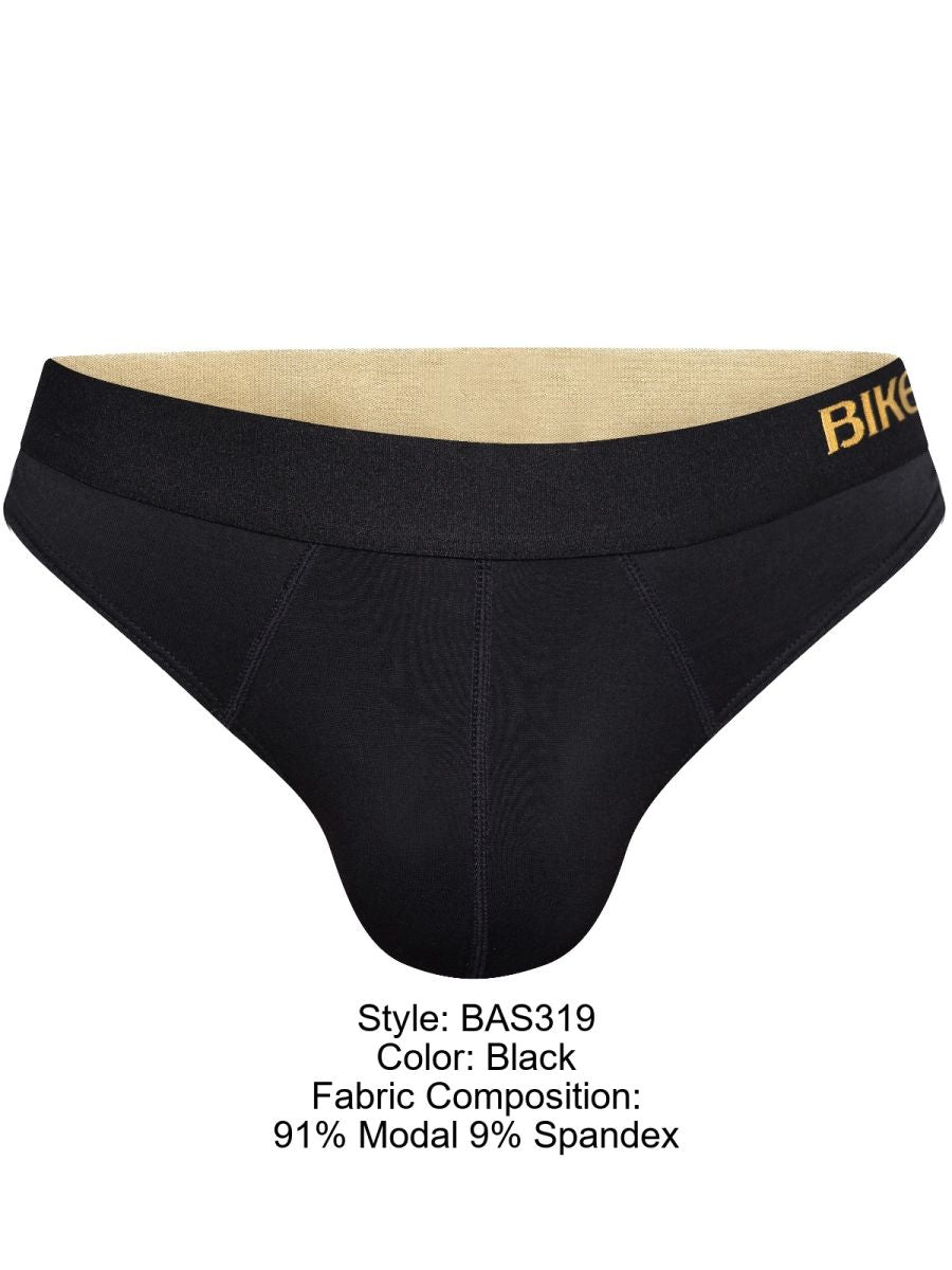 Black bike athletic BAS319 active thong with gold bike logo waistband made of 91 modal 9 spandex