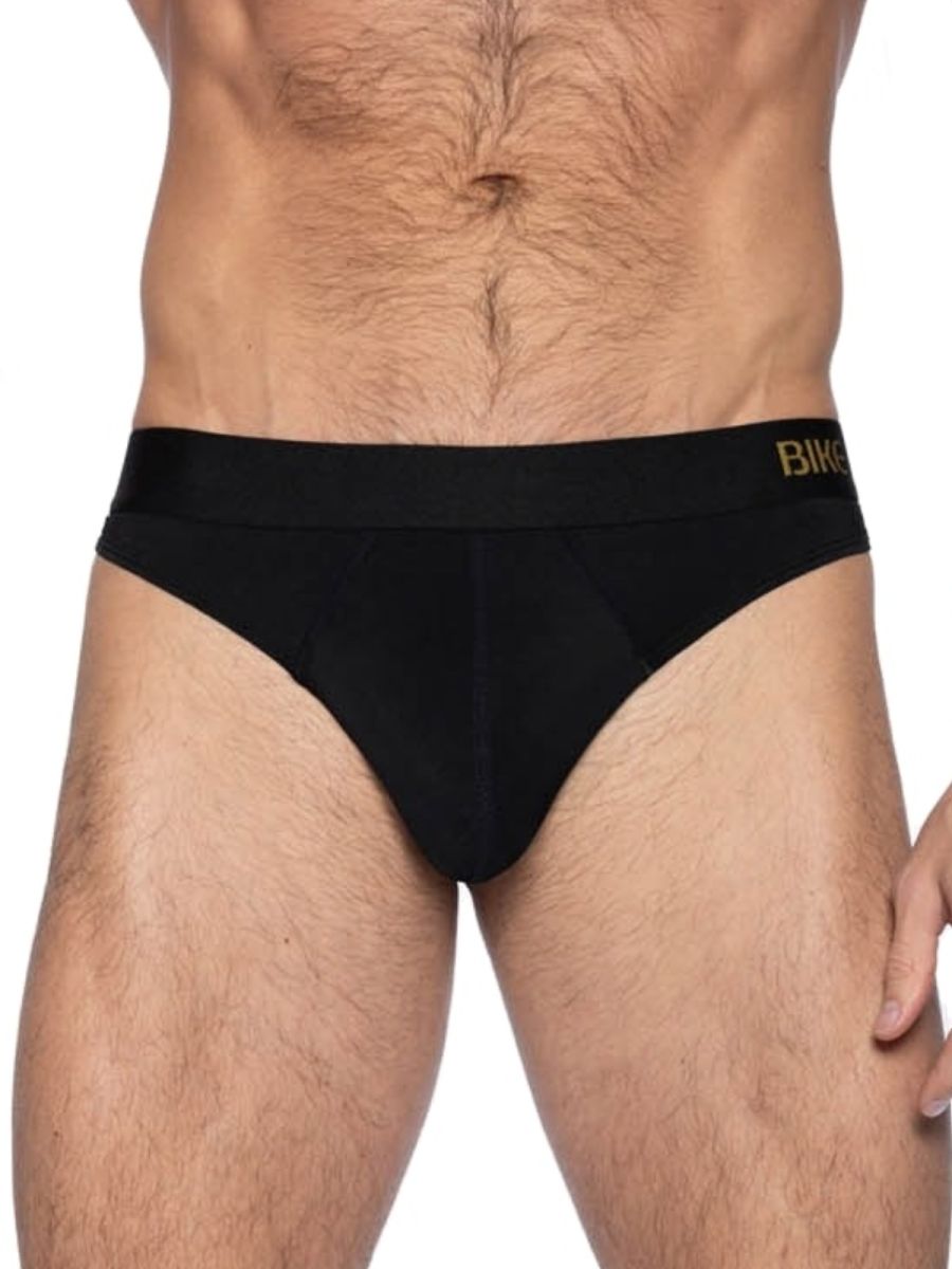 Black bike athletic bas319 active thong briefs with gold bike logo on waistband for men in black color