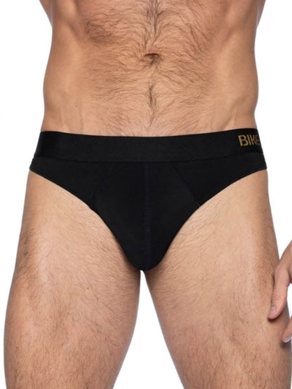 Black bike athletic bas319 active thong briefs with gold bike logo on waistband for men in black color
