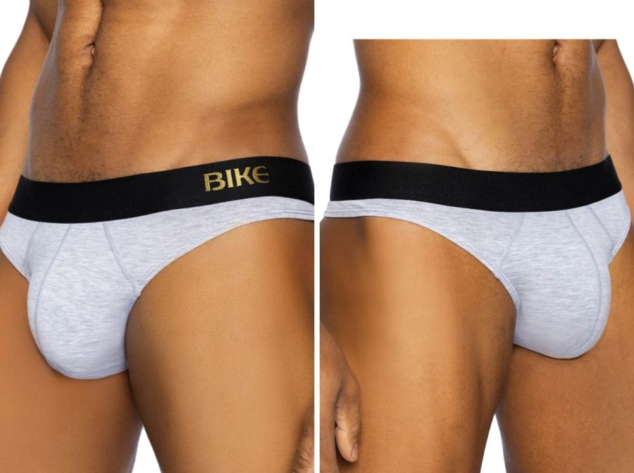 Light gray heathered bike briefs with a black waistband and gold bike lettering for athletic use