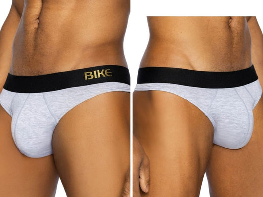 Light gray heathered bike briefs with a black waistband and gold bike lettering for athletic use